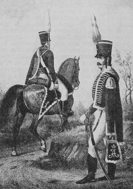 Рядовой и трубачъ 1803—09 гг. (Въ 1806 г. локоны и косы были обрѣзаны).