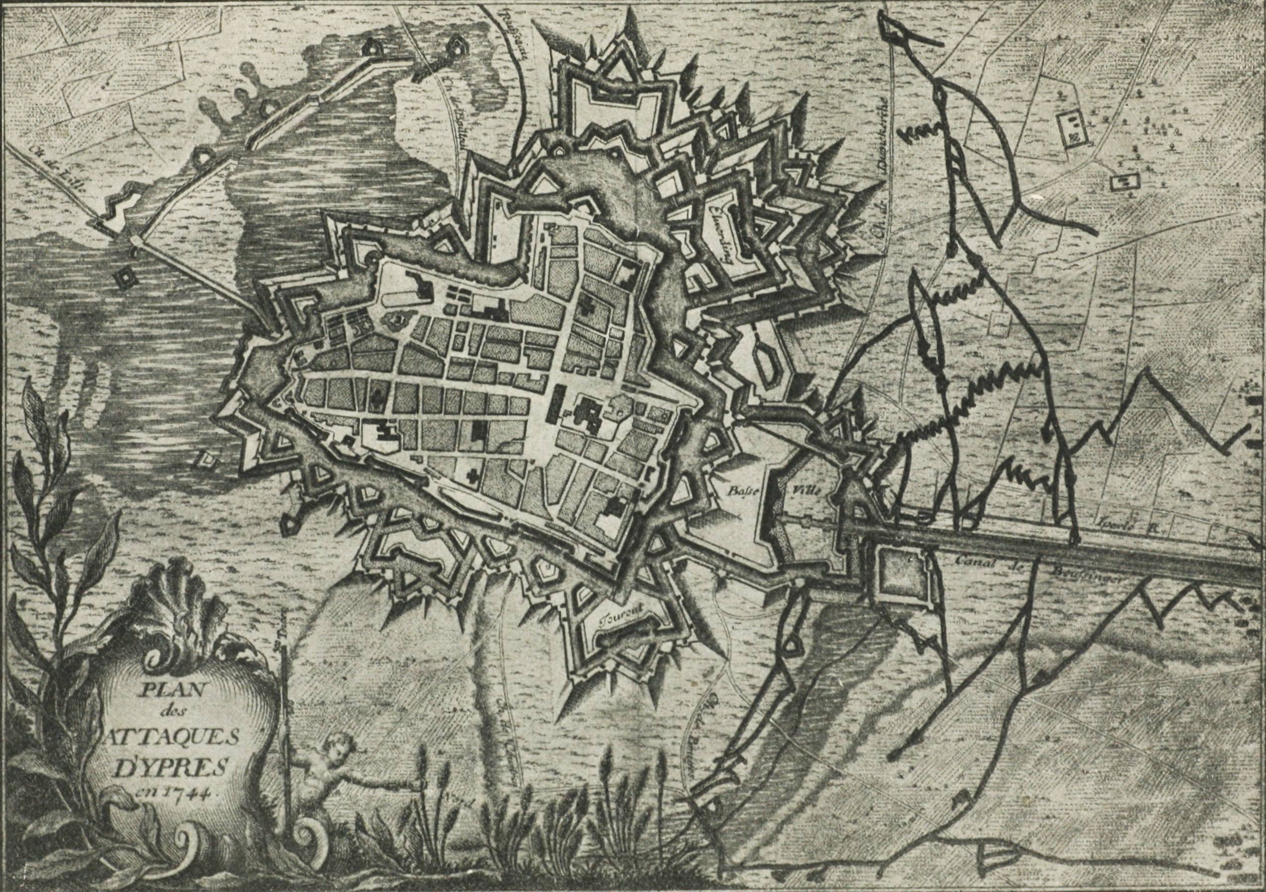 Планъ осады Иперна въ 1744 году. (Изъ старин. изданія Illenset Funck.)