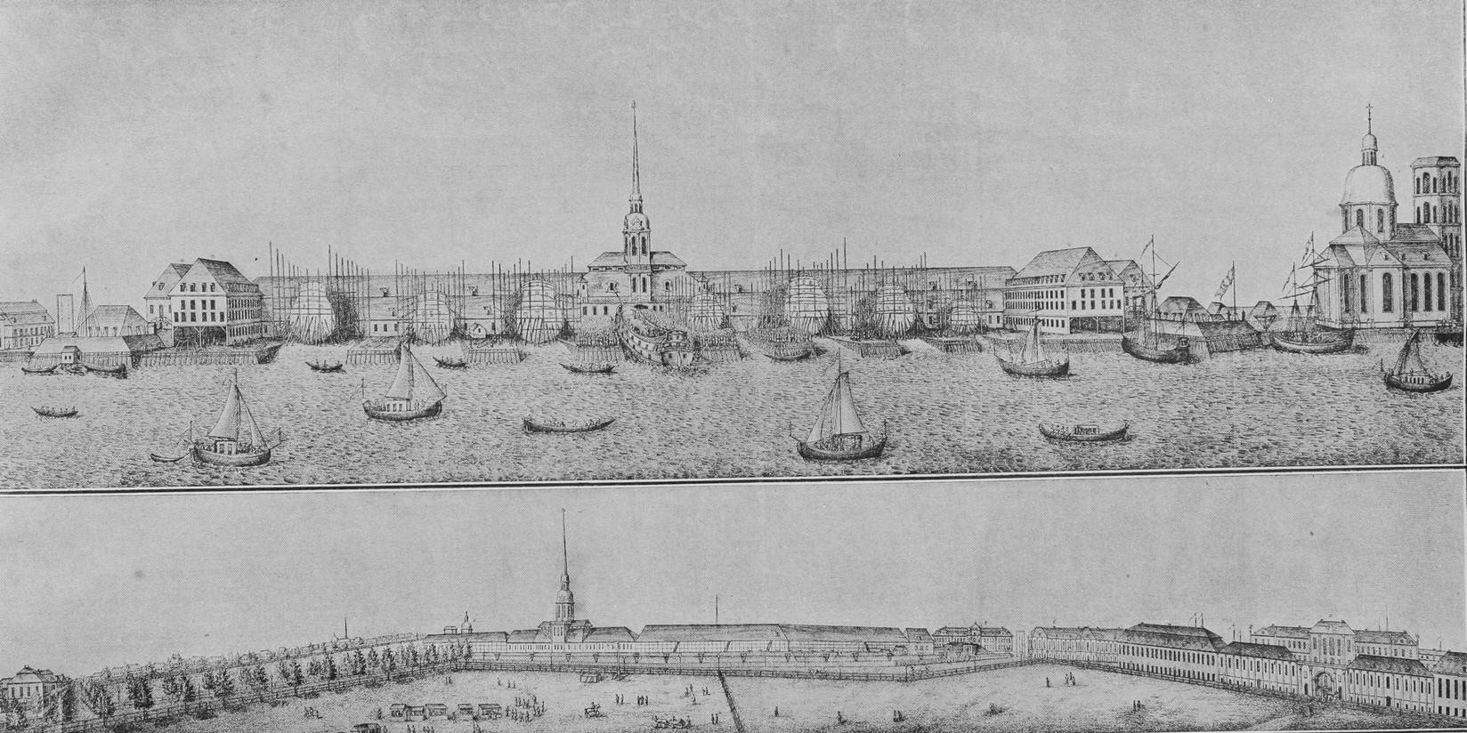 Вид С.-Петербугскаго адмиралтейства въ 1725 году.(По рисункамъ того времени Марселиса)