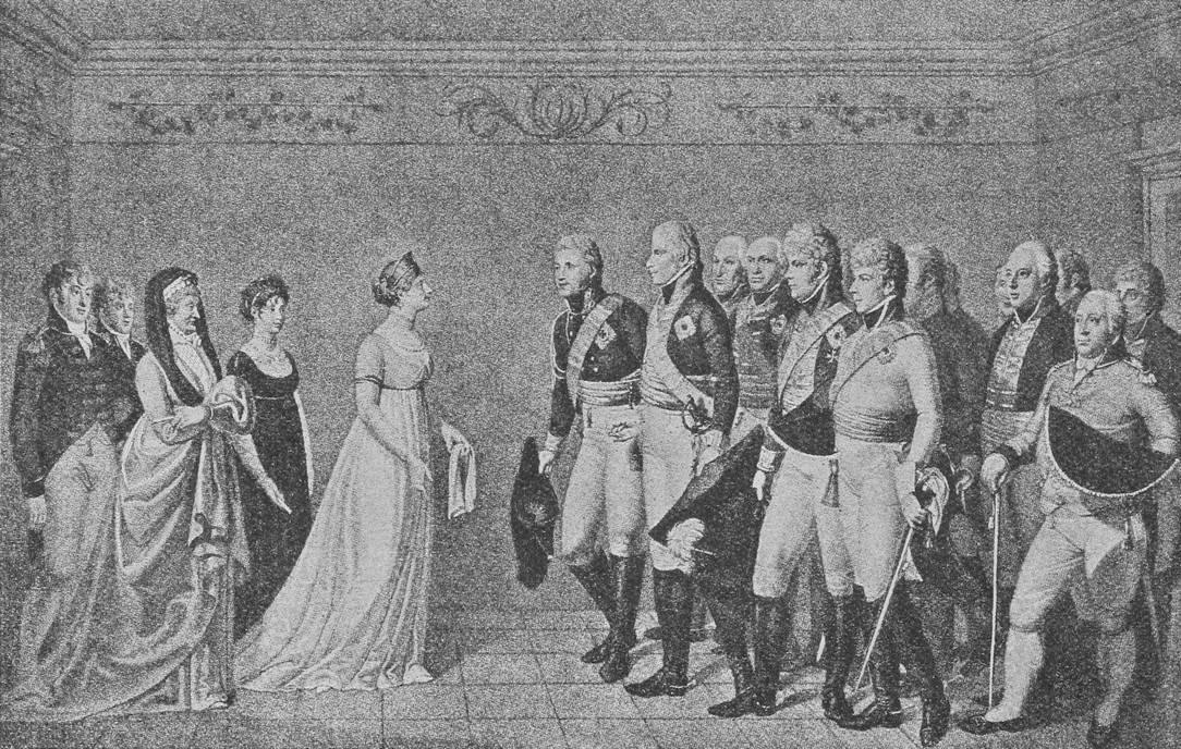 Пріемъ Александра I королевою Луизою въ Мемелѣ 10 іюня 1802 г.