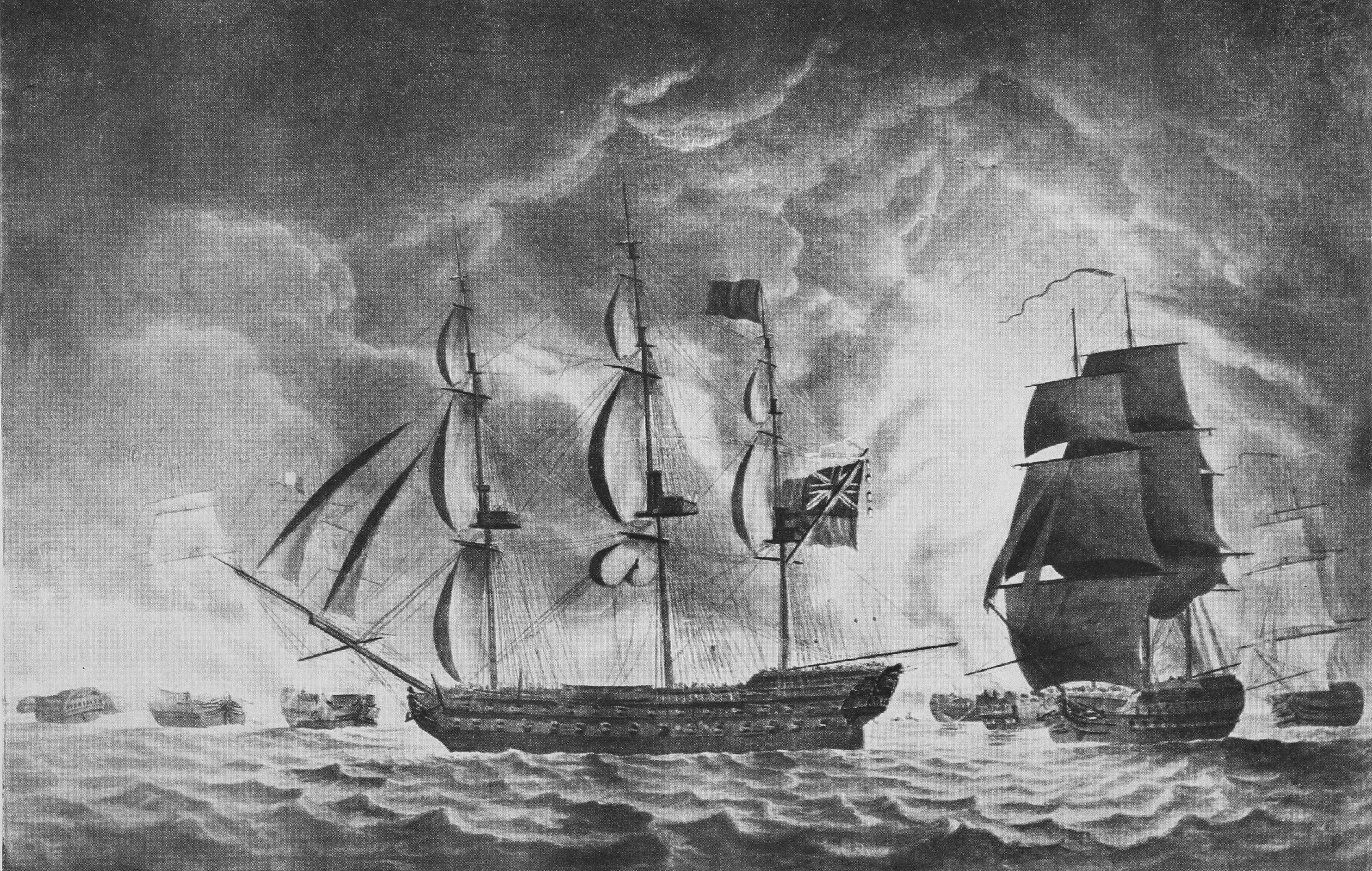 Сраженіе при Гибралтарѣ, в ночь на 13 іюля 1801 г. Съ англійской гравюры въ музеѣ Морского Корпуса.
