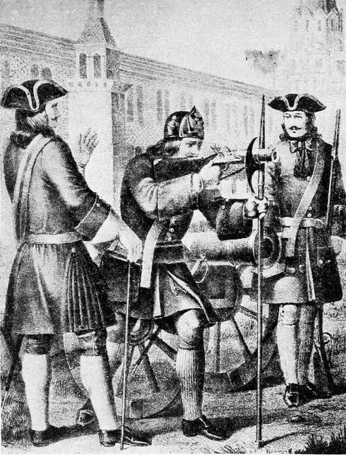 Офицеръ, бомбардиръ и фузелеръ артиллерійскаго полка (1712—1720 г.).