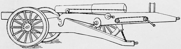 Фран. 155-мм. тяжел. полев. пушка, обр. 1904 г., перекладывается съ походной повозки (сист. Ринальо) на лафетъ.
