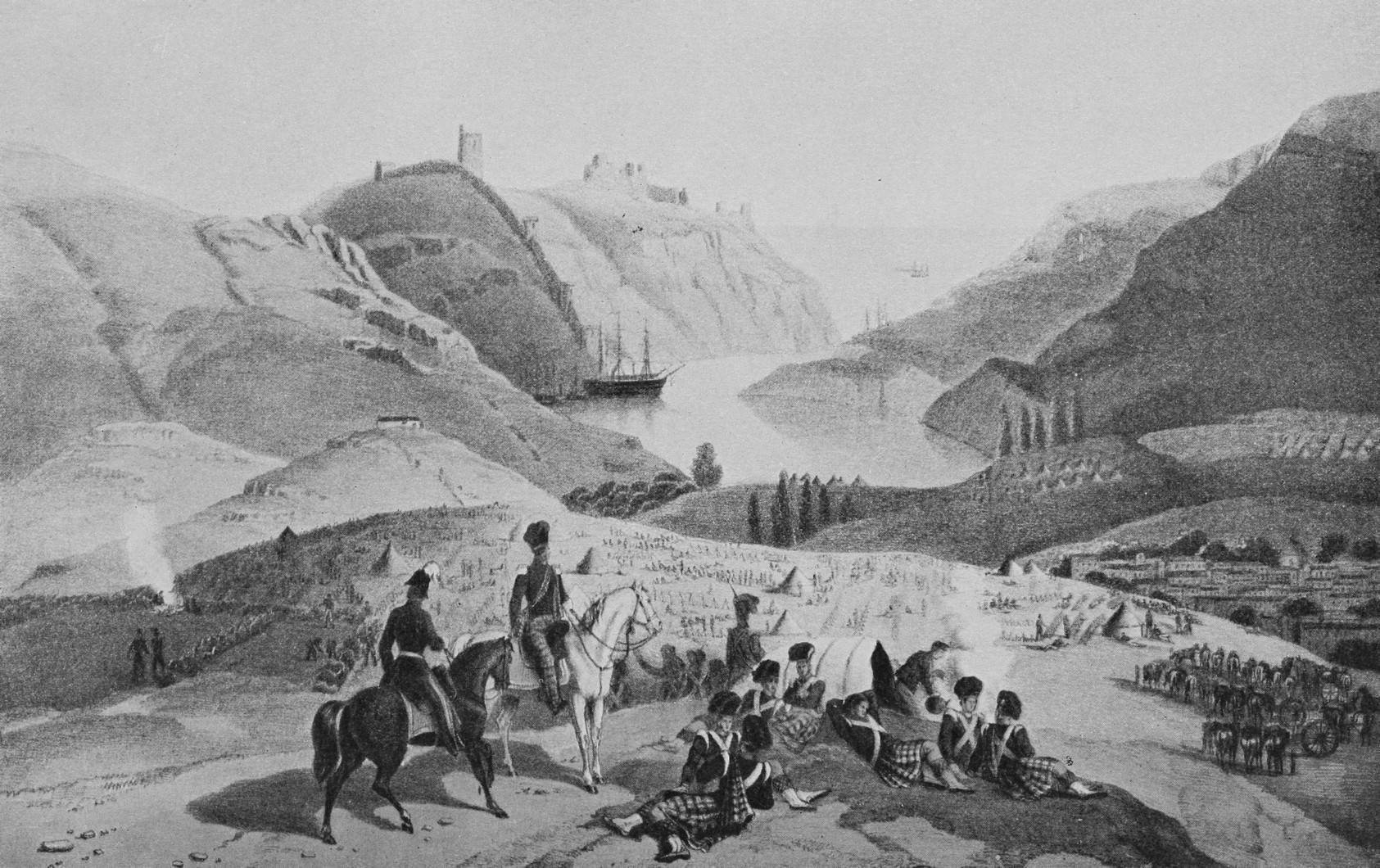 Лагерь англичанъ подъ Балаклавою въ 1854 г.(Съ современной хромолитографіи, по рисунку лейтенанта Монтегю д’Орельи).