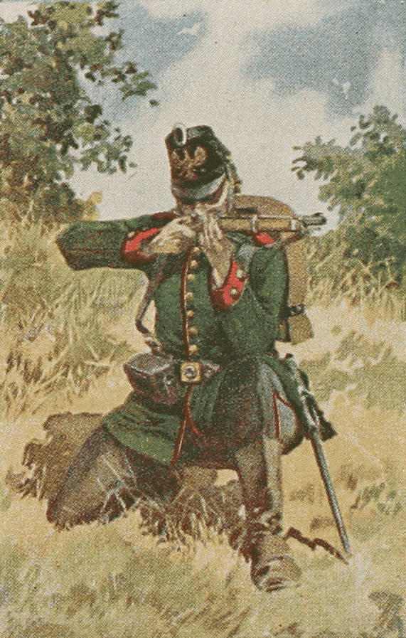 Рядовой прусскаго егерскаго батальона въ старой походной формѣ.