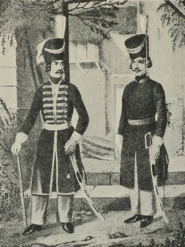 Офицеръ и рядовой Лейбъ-Казачьяго полка 1796—1801 г. (въ зимней формѣ).